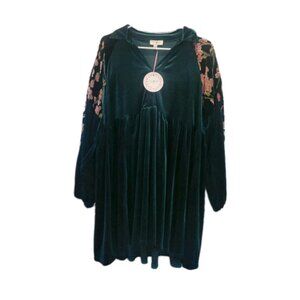 Umgee Hunter Green Velvet Floral Balloon Sleeve Babydoll Dress Boho Small NWT